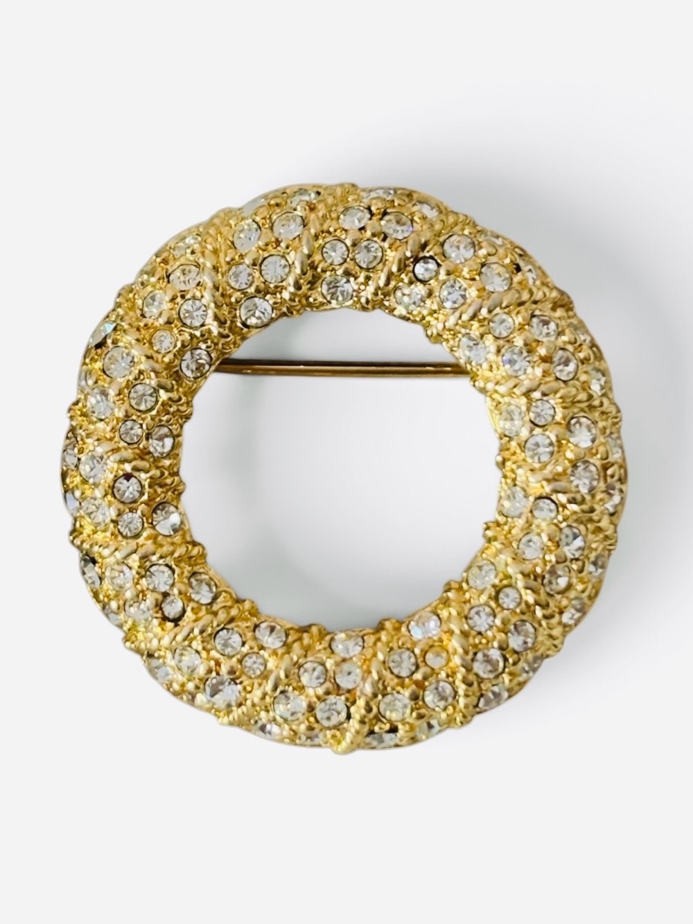 Vintage SWAROVSKI Gold Pave Crystal Circle Wreath Brooch Pin